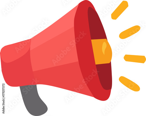Flat illustration of a red megaphone with sound waves, symbolizing announcement, promotion, marketing, or communication.