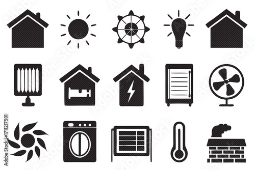 Home heating and cooling system icons for energy efficiency, illustration in silhouette style