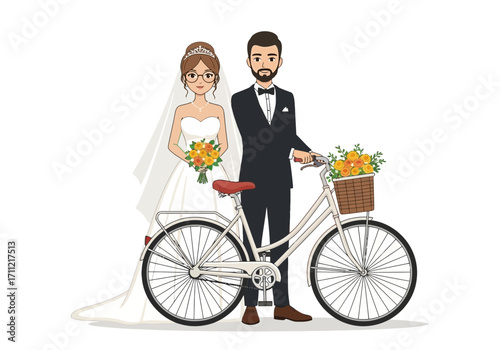 Vector art of cartoon illustration of a bride and groom standing with a bicycle decorated with flowers