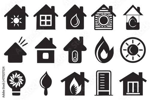 Heating and cooling system icons for home comfort and energy efficiency, illustration in silhouette style
