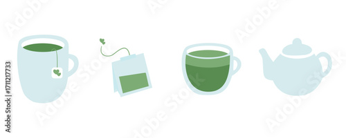 Flat Vector Green Tea Icon Set for Cafe Menu Design