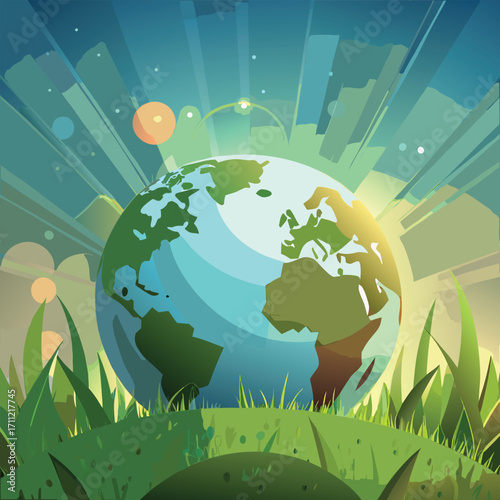 Earth in grass with sunbeams and glowing orbs planet