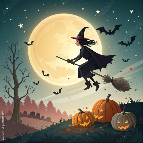 Flying Witch Halloween Vector Background with Glowing Moonlight