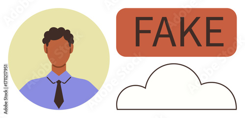Male avatar with tie next to bold FAKE tag and cloud shape. Ideal for online security, fraud detection, identity theft, misinformation, privacy violation, social media risks, simple flat metaphor