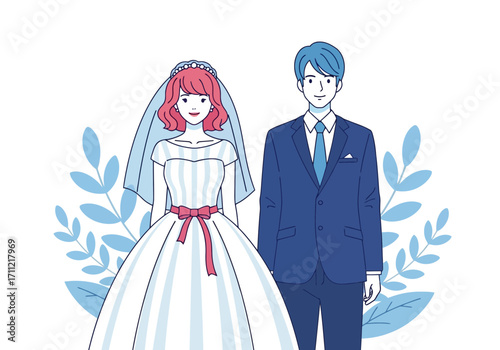 Vector art of a bride and groom stand together in wedding attire