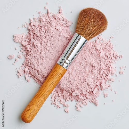 Wooden Handle Makeup Brush on Light Pink Powder
