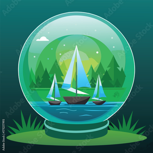 Glass globe with sailboats and forest landscape snow globe