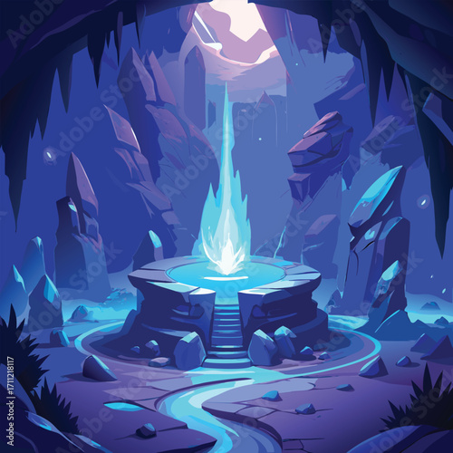 Glowing crystal formation in a mystical cave light