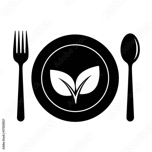 Vector art of black silhouette of a plate with leaves, a fork, and a spoon, symbolizing healthy eating and vegetarianism