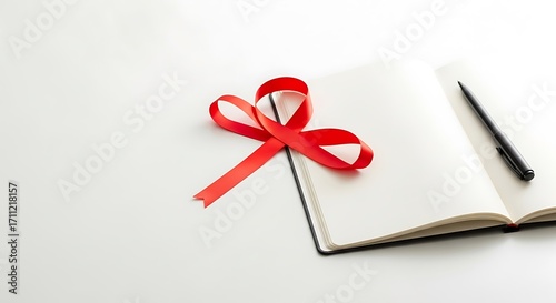 A red ribbon tied in a bow rests on an open blank notebook next to a pen on a white surface.