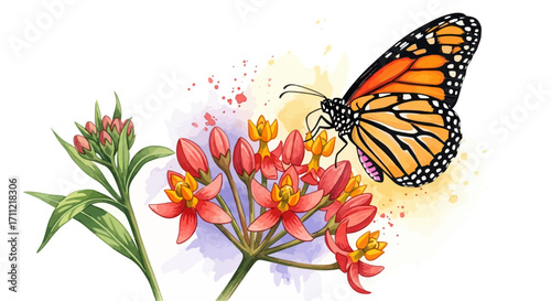 Vector art of a monarch butterfly rests on a cluster of pink flowers with green leaves