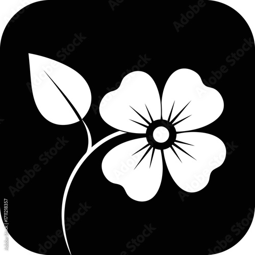 Vector art of a simple white silhouette of a fivepetal flower with a central circle and a single leaf on a stem, set against a black square background, representing nature and beauty