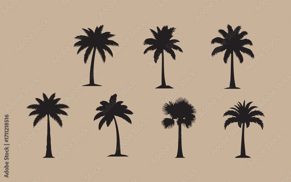 Fototapeta premium Collection of silhouette palm trees on a textured beige background