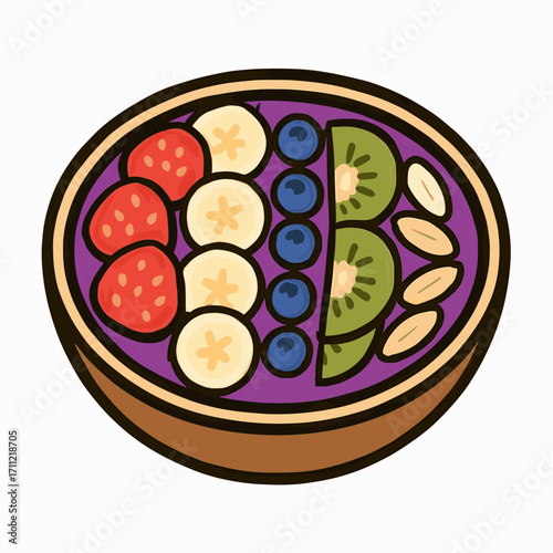 A colorful vector of a smoothie bowl topped with fruits and nuts on a white background