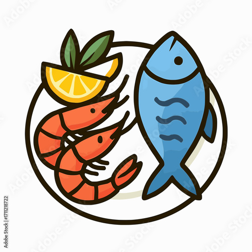 A clean vector design of a seafood platter with shrimp and fish on a white background