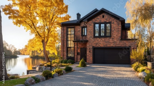 Elegant two-story modern home with red brick exterior and black accents, set by a serene lake during sunset,