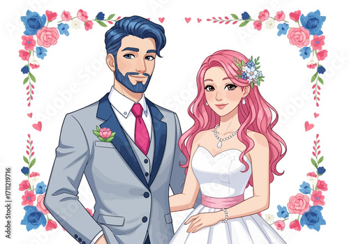 Vector art of a stylish bride and groom with blue and pink floral wedding arch
