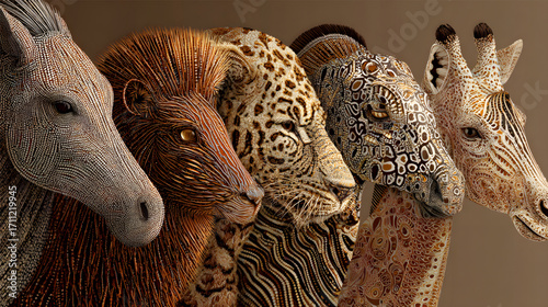 A stunning portrait of diverse animal faces in a row.