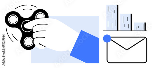 Hand holding spinning fidget spinner with envelope and bar chart, illustrating balance, productivity, communication, analytics, mindfulness, task management, stress-relief. A simple flat metaphor