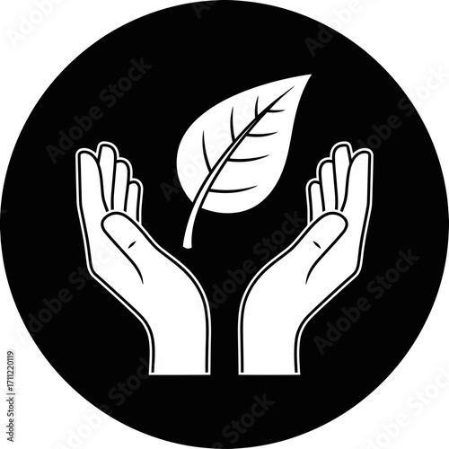 Vector art of hands holding a leaf in a circle, symbolizing care for nature and environment