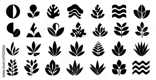 A black silhouette collection of stylized plant and leaf icons in a variety of shapes and designs.