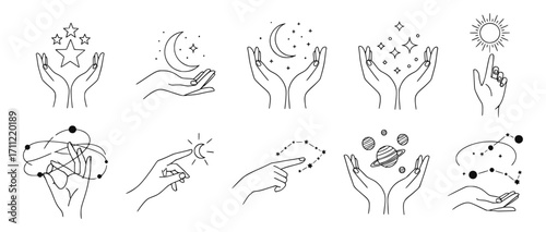 A black-and-white set of line-art icons depicting hands holding or interacting with celestial objects like stars, a crescent moon, constellations, a planet, and the sun.