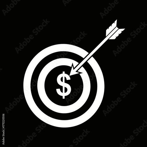 Vector art of target with a dollar sign in the center and an arrow hitting the bullseye, representing financial goals and success