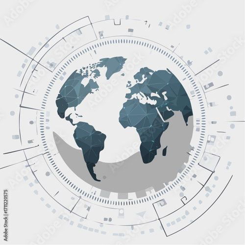 Blockchain technology futuristic hud background with world globe and blockchain polygon peer to peer network. Global cryptocurrency fintech business banner concept. Low poly design. Horizontal layout.