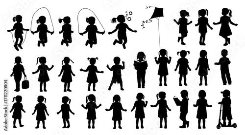 A black silhouette collection of children engaged in various activities, including playing with a jump rope, flying a kite, and reading a book.