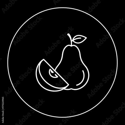 Vector art of white outline icon of a pear and a slice of pear inside a black circle