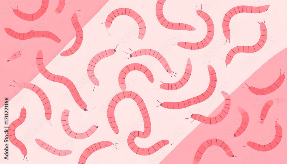 Fototapeta premium Playful Pink Worms and Centipedes Illustration on Striped Background: Whimsical Cartoon Design with Various Shapes and Hues
