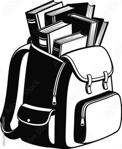 Silhouette of a backpack full of books isolated on white background education and learning concept for students and knowledge seekers
