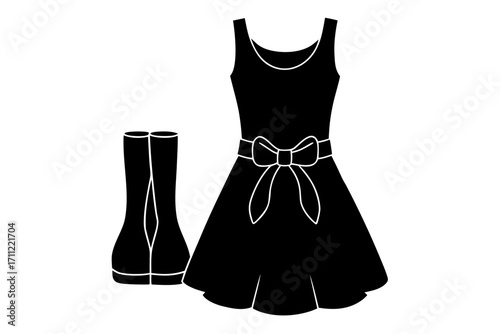 Outlined Fashion Dress with Belt, Bow Tank Top and Ankle Boots Illustration