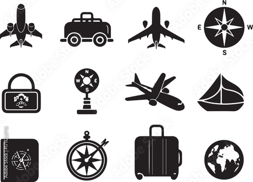 Travel icons: planes, luggage, compass, globe, sailboat
