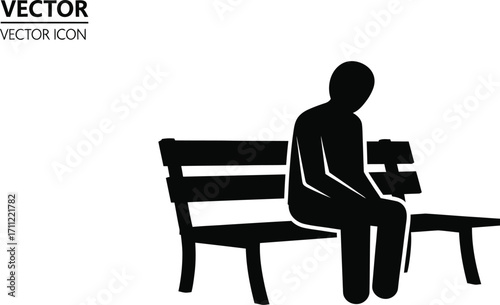 Silhouette of a sad man sitting on a bench isolated on white background the figure is hunched over and appears to be depressed or lonely