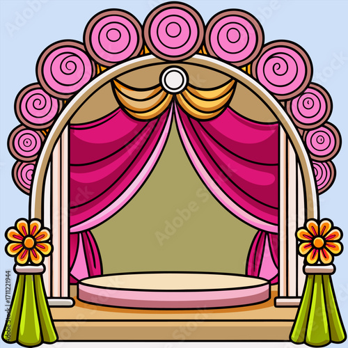 Cartoon stage with pink curtains and floral decorations for performance
