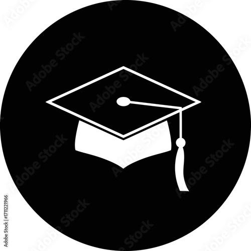 Vector art of black circle icon with a white graduation cap, symbolizing education and academic achievement