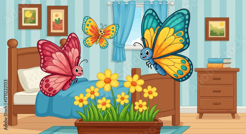 Vector art of three colorful butterflies fluttering around a bed with flowers in a childs bedroom, creating a whimsical and playful atmosphere