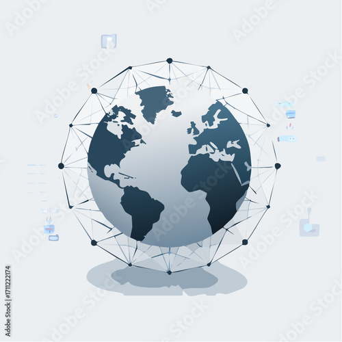 Blockchain technology futuristic hud background with world globe and blockchain polygon peer to peer network. Global cryptocurrency fintech business banner concept. Low poly design. Horizontal layout.