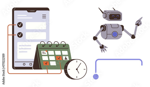 Robot managing tasks on mobile with a checklist, calendar, and clock. Ideal for automation, scheduling, productivity, AI, efficiency organizing and innovation. Seamless flat design metaphor