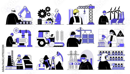 A series of flat-style illustrations showcasing various industrial fields, including construction, oil and gas, manufacturing, renewable energy, and scientific research.