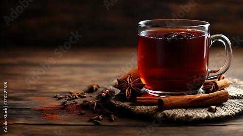 Fototapeta Naklejka Na Ścianę i Meble -  Aromatic spiced tea in a clear glass mug on a rustic wooden table