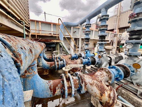 Tableau sur toile Rusty industrial water pipes and valves with corrosion damage in factory plant, showing aging infrastructure and need for maintenance and repair
