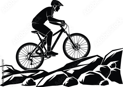 Mountain biker riding on rocks isolated on white background, showcasing extreme sport and outdoor adventure in nature