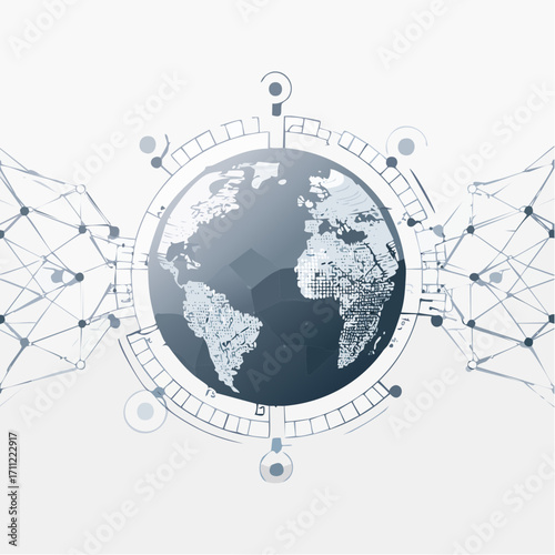 Blockchain technology futuristic hud background with world globe and blockchain polygon peer to peer network. Global cryptocurrency fintech business banner concept. Low poly design. Horizontal layout.