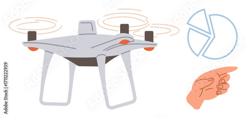 quadcopter flying with visible propellers, a pointing hand indicating gesture control, and a minimalist pie chart. Ideal for technology, innovation, analytics, automation, control systems, robotics