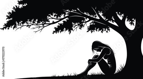 Silhouette of a sad woman sitting under a tree, symbolizing loneliness, depression, and the need for emotional support and mental health awareness