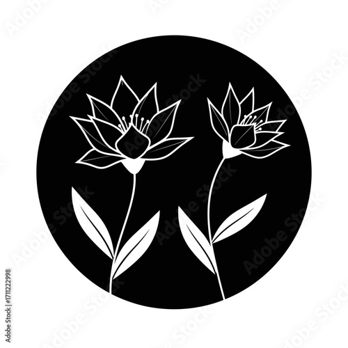 Vector art of two white outline drawings of lotus flowers with stems and leaves, displayed against a black circular background