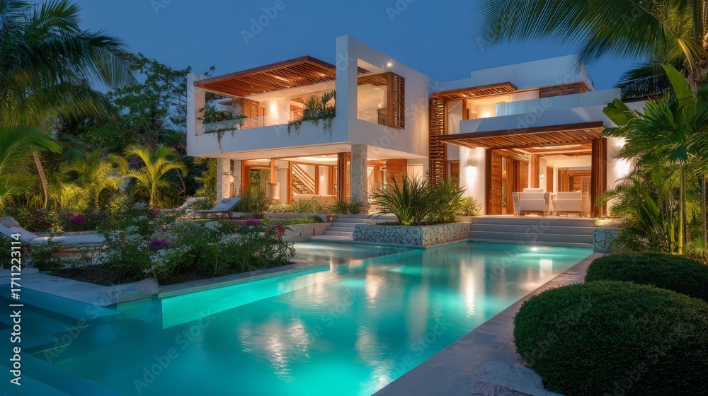 Fototapeta premium Elegant modern house at dusk with warm lights, clean lines, large glass windows, wooden accents, serene swimming pool,