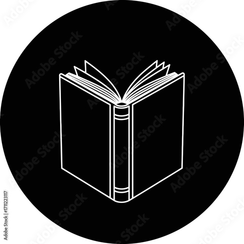 Vector art of white outline of an open book on a black circular background, isolated